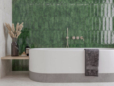 Top Ceramics Green Gloss Flat Bumpy Metro Ceramic Wall Tile (L)300mm x (W)75mm Each box 1sqm