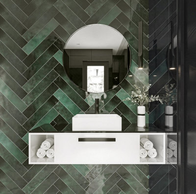 Top Ceramics Green Gloss Metro Ceramic Wall Tile Flat Bumpy (L)530mm x (W)107mm Each box 0.85sqm