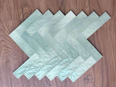 Top Ceramics Light Green Pearl  Satin Matt Bumpy Metro Ceramic Wall Tile (L)260mm x (W)65mm Each box 0.41sqm