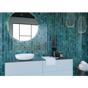 Top Ceramics Turquoise Green Gloss Metro Ceramic Wall Tile Flat Bumpy (L)250mm x (W)65mm Each box 0.82sqm