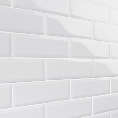 Top Ceramics White Bevelled Satin Metro Ceramic Wall Tile (L)300mm x (W)100mm Each box 0.84sqm - 3