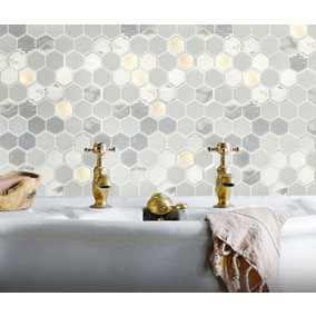 Top Ceramics White Hexagon Mosaic Tile Mix. High Gloss / Matt (L)330 x (W)298mm