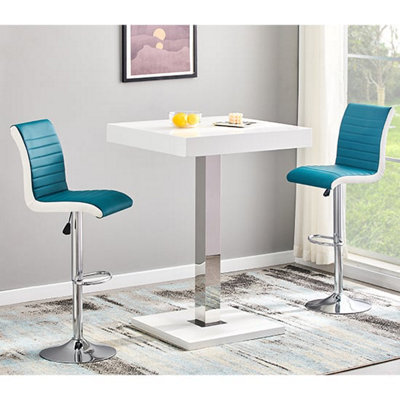 Topaz White High Gloss Bar Table 2 Ritz Teal White Stools