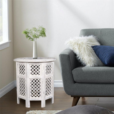 Topfurnishing Antique Effect Round Carved Wooden Bedside Lamp Table Side End Coffee Table White Extra Large 54 x 54 x 56 cm