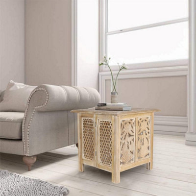 Topfurnishing Antique Effect Square Carved Wooden Bedside Lamp Table Side End Coffee Tables Natural Extra Large 54 x 54 x 56 cm