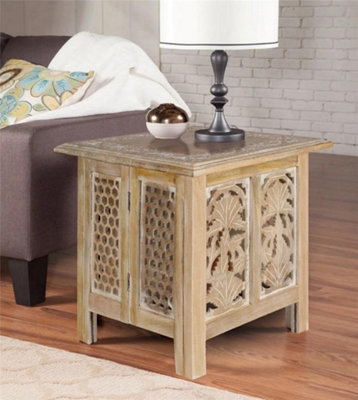 Topfurnishing Antique Effect Square Carved Wooden Bedside Lamp Table Side End Coffee Tables Natural Large 45 x 45 x 46 cm