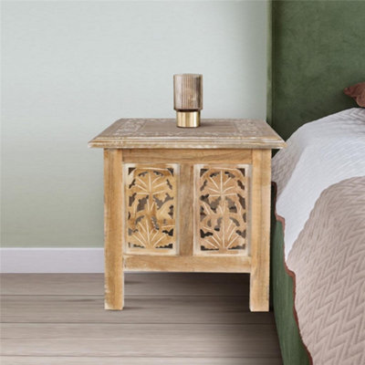 Topfurnishing Antique Effect Square Carved Wooden Bedside Lamp Table Side End Coffee Tables Natural Medium 38 x 38 x 39 cm