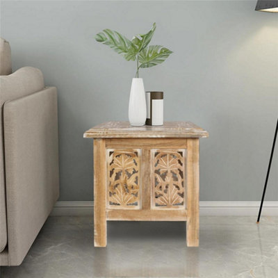 Topfurnishing Antique Effect Square Carved Wooden Bedside Lamp Table Side End Coffee Tables Natural Small 30 x 30 x 31 cm