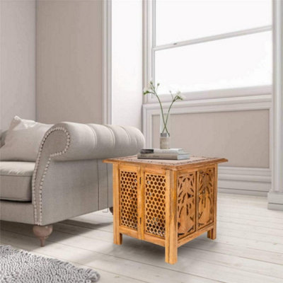 Topfurnishing Antique Effect Square Carved Wooden Bedside Lamp Table Side End Coffee Tables Pine Extra Large 54 x 54 x 56 cm