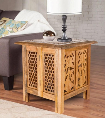 Topfurnishing Antique Effect Square Carved Wooden Bedside Lamp Table Side End Coffee Tables Pine Large 45 x 45 x 46 cm