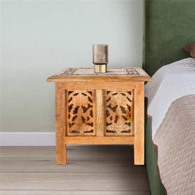 Topfurnishing Antique Effect Square Carved Wooden Bedside Lamp Table Side End Coffee Tables Pine Medium 38 x 38 x 39 cm