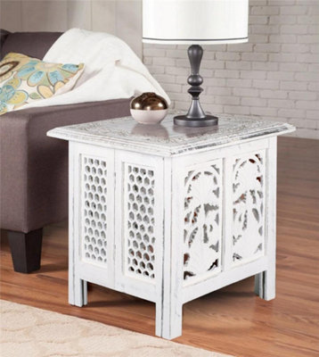 Topfurnishing Antique Effect Square Carved Wooden Bedside Lamp Table Side End Coffee Tables White Large 45 x 45 x 46 cm