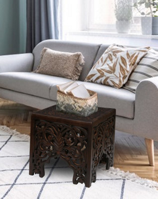 Topfurnishing Beautiful Brown Square Hand Carved Indian Wooden Side End Coffee Table 40 x 40 x 42 cm