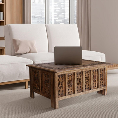 Topfurnishing Beautiful Carved Indian Wooden Coffee Table Side Tables 91 x 46 cm Light Brown