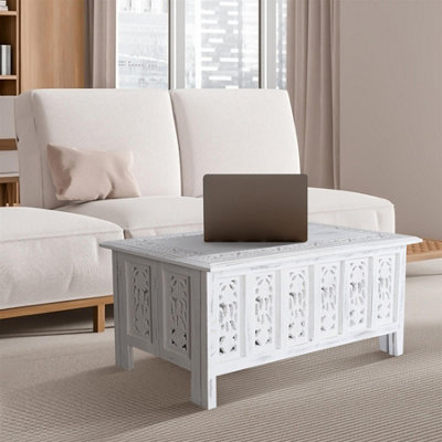 Topfurnishing Beautiful Carved Indian Wooden Coffee Table Side Tables 91 x 46 cm White