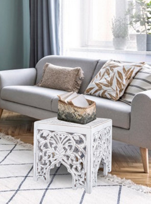 Topfurnishing Beautiful White Square Hand Carved Indian Wooden Side End Coffee Table 40 x 40 x 42cm