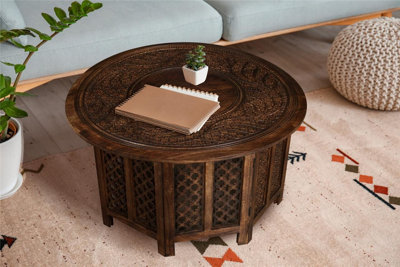 Topfurnishing Big Round Coffee Table Mango Wood Carved Antique Centre Piece 90 x 90 x 45 cm