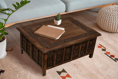 Topfurnishing Big Square Coffee Table Mango Wood Carved Antique Centre Piece 90 x 90 x 45 cm