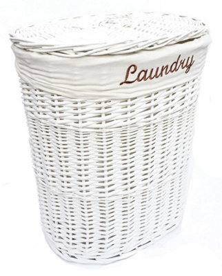 Topfurnishing Oval Wicker Laundry Basket With Lid & Removable Cotton Lining White Medium 32 x 42 x 49 cm