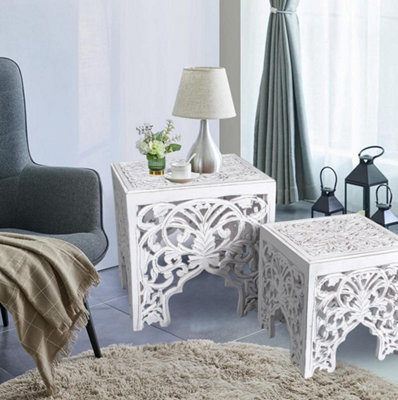 Topfurnishing Set of 2 Beautiful White Square Hand Carved Indian Wooden Side End Coffee Table 40 x 40 x 42cm