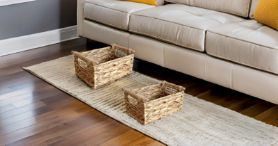 Topfurnishing Set of 2 Woven Natural Water Hyacinth Rectangular Storage Basket Wooden Handle Small 30 x 20 x 14 cm