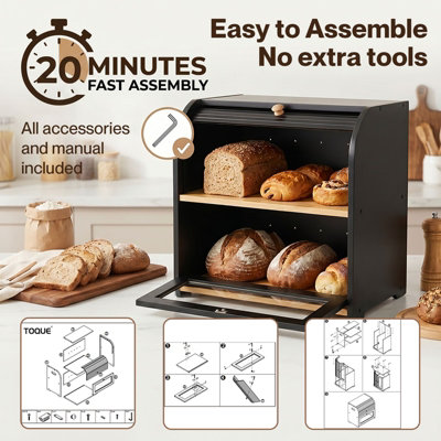 アンファン　BREAD　BOX TOQUE Bread Box,2-Tier Large Capacity Roll Top,Black Bamboo