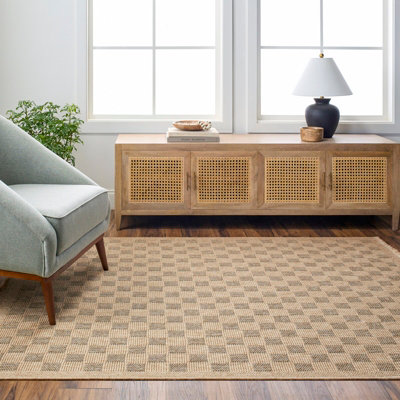 TORI In- & Outdoor Cottage Jute-Look Light Brown/Black Checkered Area Rug 200 x 275 cm