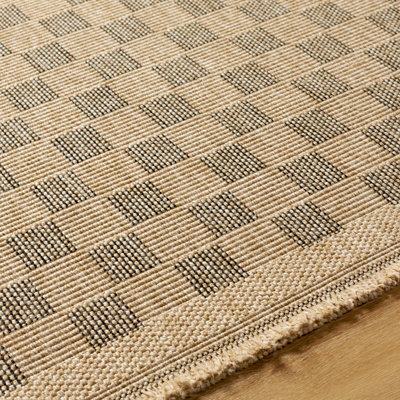 TORI In- & Outdoor Cottage Jute-Look Light Brown/Black Checkered Area Rug 200 x 275 cm