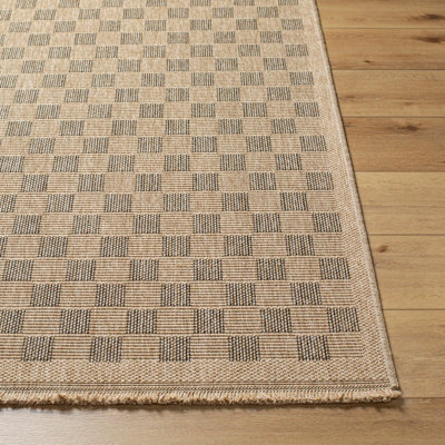 TORI In- & Outdoor Cottage Jute-Look Light Brown/Black Checkered Area Rug 200 x 275 cm