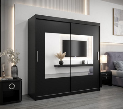 Torino Contemporary Mirrored Sliding Door Wardrobe - Black Matt  (H)2000mm  (W)2000mm x (D)620mm)
