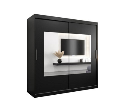 Torino Contemporary Mirrored Sliding Door Wardrobe - Black Matt  (H)2000mm  (W)2000mm x (D)620mm)