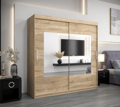 Torino Contemporary Mirrored Sliding Door Wardrobe - Oak Sonoma  (H)2000mm  (W)2000mm x (D)620mm)