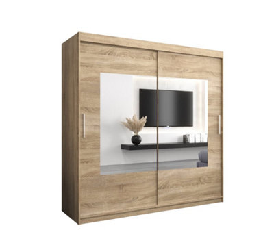 Torino Contemporary Mirrored Sliding Door Wardrobe - Oak Sonoma  (H)2000mm  (W)2000mm x (D)620mm)