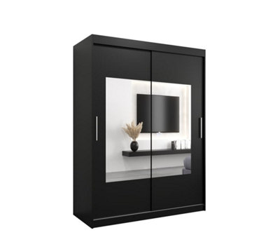 Torino - Sleek Mirrored Sliding Door Wardrobe Bedroom Storage - Black Matt (H)2000mm  (W)1500mm x (D)620mm)
