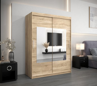 Torino - Sleek Mirrored Sliding Door Wardrobe Bedroom Storage - Oak Sonoma (H)2000mm  (W)1500mm x (D)620mm)