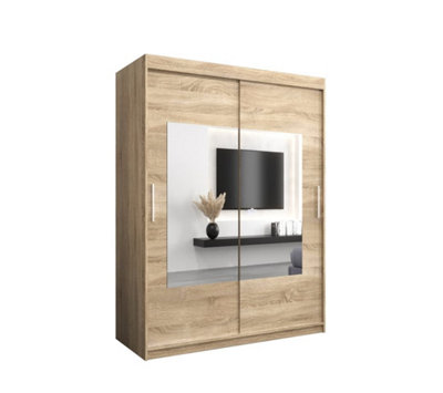 Torino - Sleek Mirrored Sliding Door Wardrobe Bedroom Storage - Oak Sonoma (H)2000mm  (W)1500mm x (D)620mm)