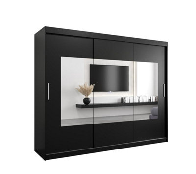 Torino Spacious Mirrored Sliding Door Wardrobe with Hanging Rails And Shelves -Black Matt (H)2000mm  (W)2500mm x (D)620mm)