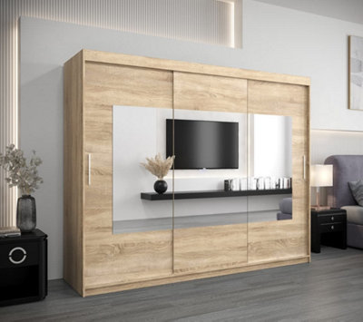 Torino Spacious Mirrored Sliding Door Wardrobe with Hanging Rails And Shelves -Oak Sonoma (H)2000mm  (W)2500mm x (D)620mm)
