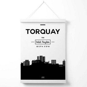 Torquay Black and White City Skyline Poster with Hanger / 33cm / White