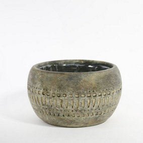 Totem Design Cement Bowl Plant Pot, Inner Plastic Liner Included. Muted Matt Green and Grey Washed Tone. H11 x W18.5 cm
