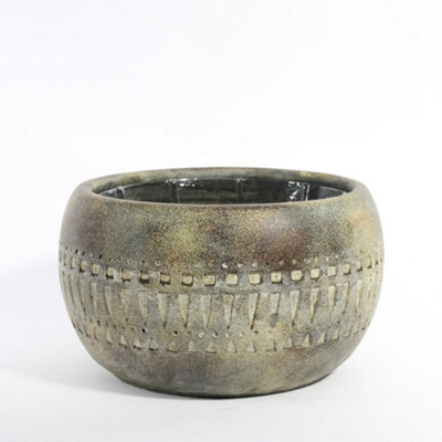 Totem Design Cement Bowl Plant Pot, Inner Plastic Liner Included. Muted Matt Green and Grey Washed Tone. H12 x W21 cm