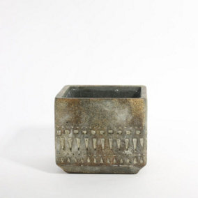 Totem Design Cement Cube Plant Pot, Inner Plastic Liner Included. Muted Matt Green and Grey Washed Tone. H10.5 cm