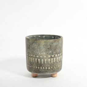 Totem Design Cement Indoor  Plant Pot on Feet, Inner Plastic Liner Included. Muted Matt Green and Grey Washed Tone. (Dia) 12 cm