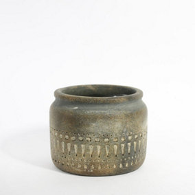 Totem Design Cement Jar Indoor Plant Pot, Inner Plastic Liner Included. Muted Matt Green and Grey Washed Tone. (Dia) 14 cm