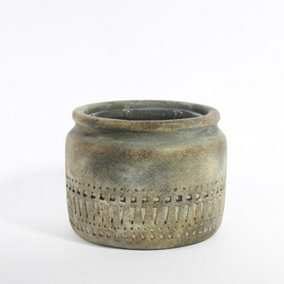 Totem Design Cement Jar Shape Plant Pot, Inner Plastic Liner Included. Muted Matt Green and Grey Washed Tone. H12.5 x W16 cm