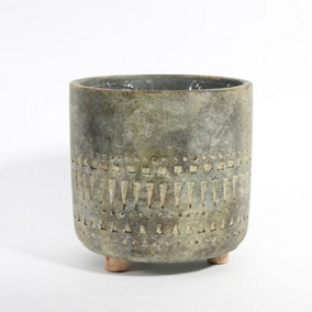 Totem Design Cement Plant Pot on Feet, Inner Plastic Liner Included. Muted Matt Green and Grey Washed Tone. H17 cm