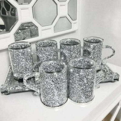 Set of 2 Silver Mirror Crushed Crystal Diamond Tea Coffee Cup Mug Sparkly  Gift