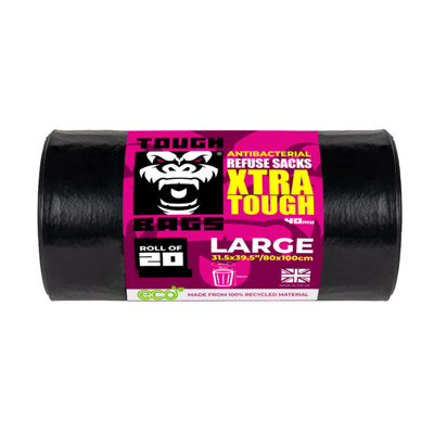 TOUGH BAGS Antibacterial Large Refuse Sacks - 80 x 100cm 20 Bag Roll