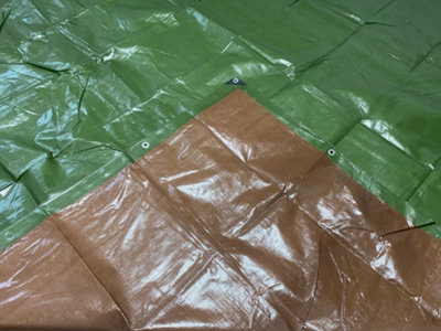 Tough heavy 220 gsm duty waterproof green with brown reverse tarpaulin/tarp cover sheet/extra eyelets at 50cm+ reinforced CORNERS