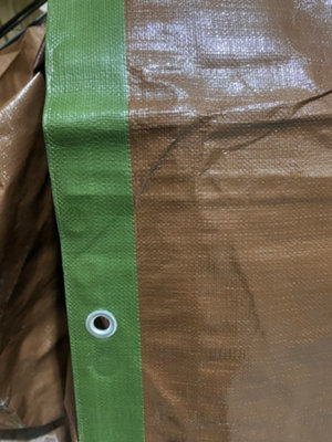 Tough heavy 220 gsm duty waterproof green with brown reverse tarpaulin/tarp cover sheet/extra eyelets at 50cm +REINFORCED CORNERS